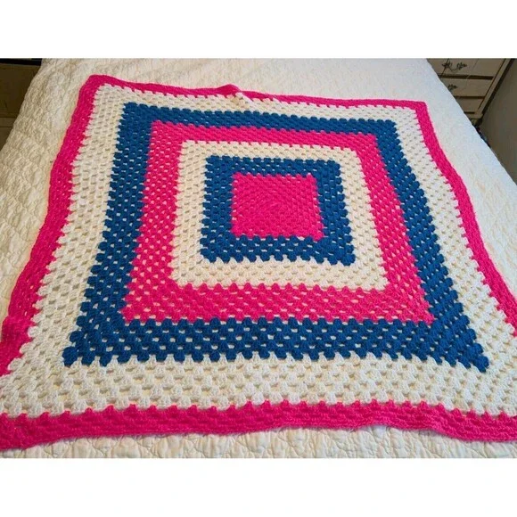 Hand Crocheted Baby Afghan Crib Blanket Pastel Handmade Pink Blue Squared - Picture 1 of 5